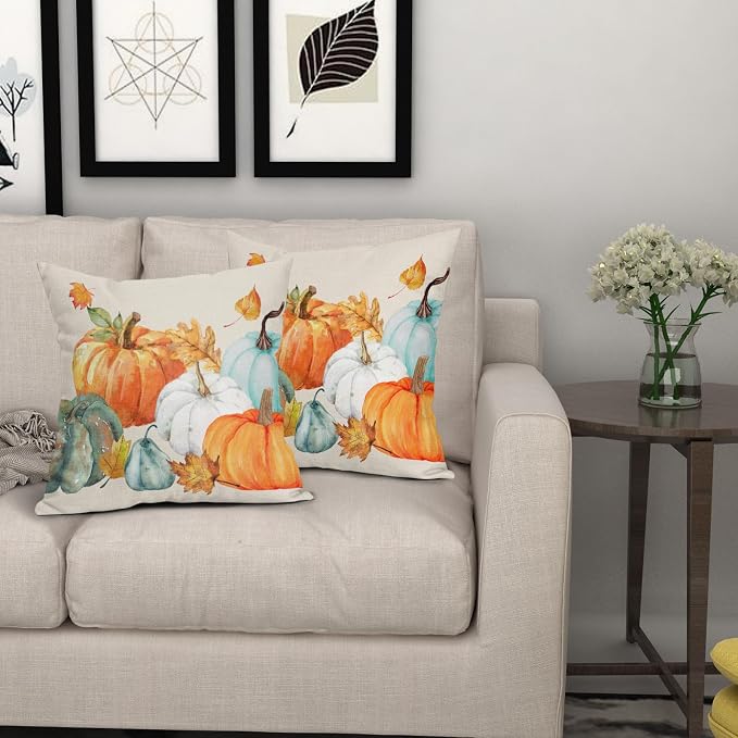Kawani Fall Pillow Covers 24x24 Set of 2 Watercolor Pumpkin Maple Leaf Throw Pillow Covers Autumn Thanksgiving Farmhouse Outdoor Pillowcases Cotton Linen Cushion Covers for Couch Decor