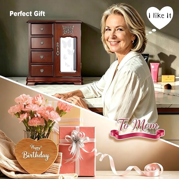 RR ROUND RICH DESIGN Solid Wood Jewelry Box for Women Brown | Vintage Butterfly Glass Door Jewelry Armoire with Mirror, 4 Drawers & Rotating Necklace Carousel