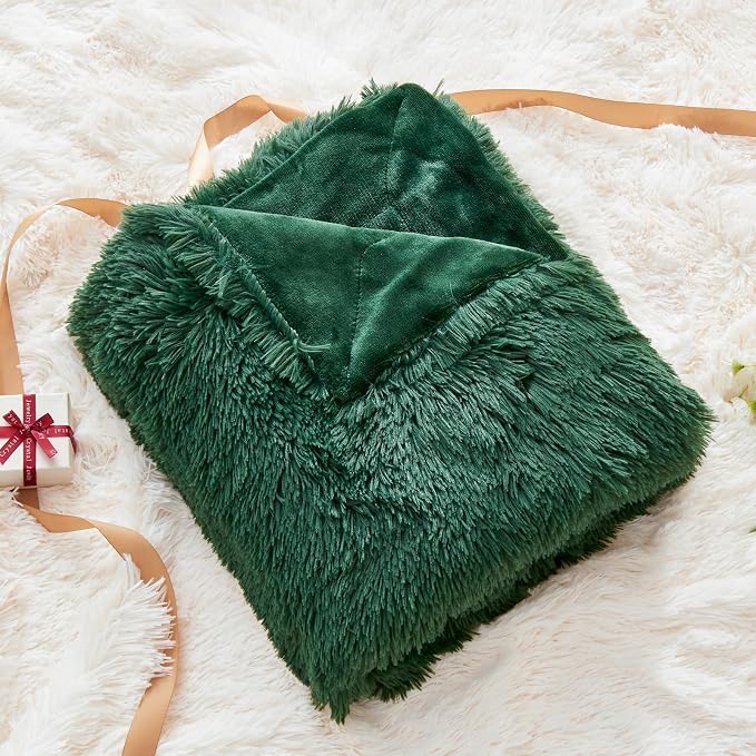 GONAAP Fuzzy Faux Fur Throw Blanket for Couch, Dark Green, 50"x60" | Warm Cozy Plush Shaggy Decorative Reversible Thick Non-Heated Fleece Blanket for Sofa Bed, Gift for Women Men, All Season Use