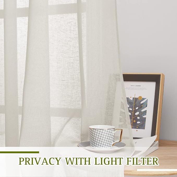 NICETOWN Linen Blend Semi Sheer Farmhouse Curtains 72 inches Long, Grommet Bedroom Window Treatments Privacy with Light Filtering Drapes for Bedroom, Natural, W36 x L72, 2 Panels
