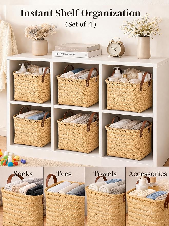 Wicker Storage Baskets, 4 Pack Woven Baskets for Shelves, Yellow | PP Rattan, Water-resistant Wicker Basket, Large Baskets with Faux Leather Handles for Blanket, Laundry Organizer, Room Decor