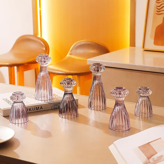 Lysenn Glass Candlestick Holders, Taper Candle Holders Set of 6, Smoke Gray