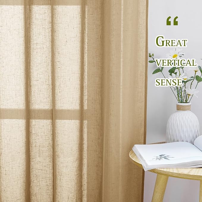 NICETOWN Sheer Linen Curtains Flax Texture 90 inch Long, Grommet Semi Sheer Window Treatments Privacy with Light Filtering Drapes for Bedroom/Living Room, Camel, W52 x L90, 2 Panels