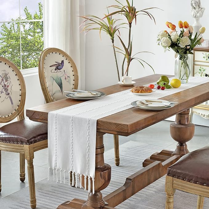 Wracra Rustic Linen Table Runner, White Table Runners 60 inches Long | Raised Embroidered Design and Hand-Tassels;Cotton Linen Woven Fabric; Farmhouse Table Runner;Home Kitchen Dining Decor