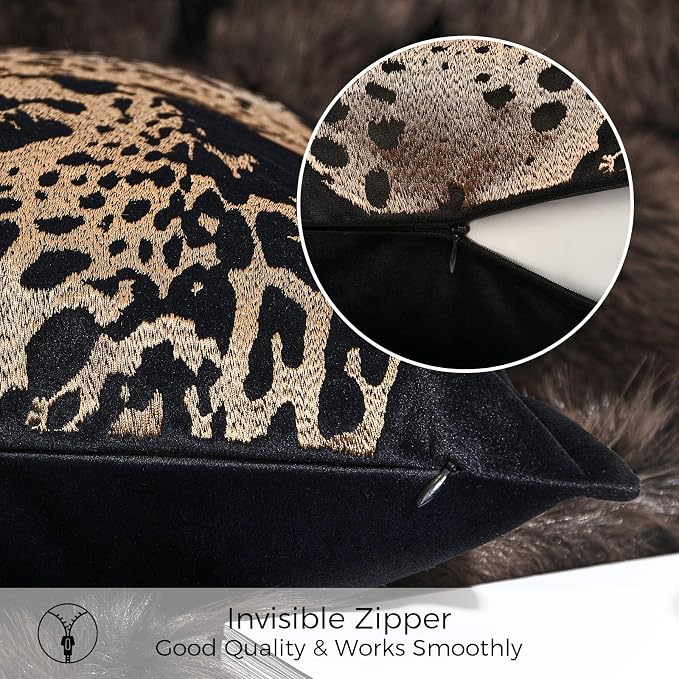 Luxury Black Velvet Lumbar Pillow Covers 12x20'' inches, Hand-Embroidered Brown Cheetah Face Decorative Throw Pillow Case, Modern Glam Home Accent with Hidden Zipper for Living Room