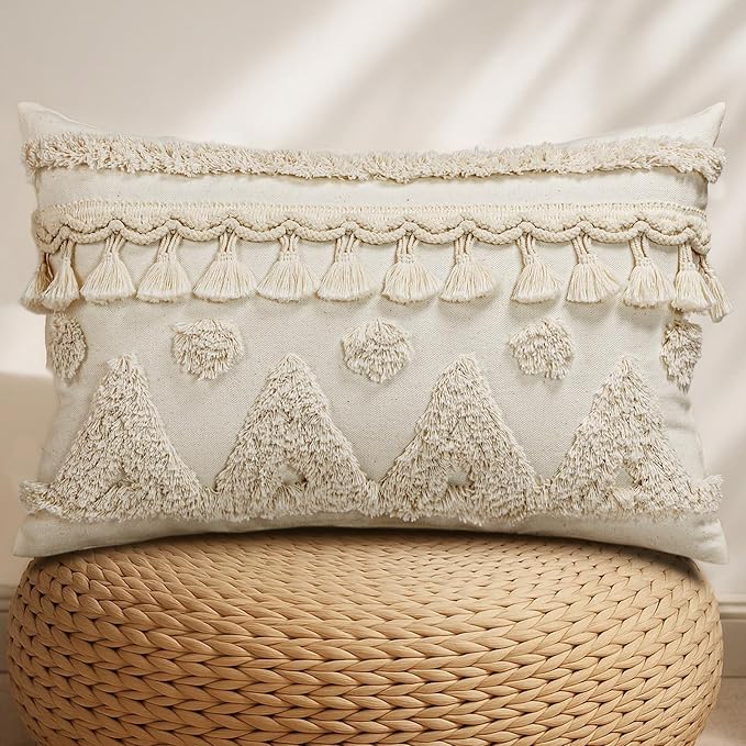 Lumbar Pillow Covers 12x20 - Tufted Boho Decorative Throw Pillow Cover with Zipper for Couch Sofa Bed Living Room Soft Aesthetic Farmhouse Textured Striped Oblong Pillowcase, Cream Tassel