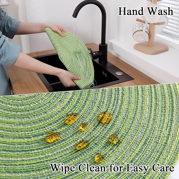 SHACOS Round Placemats Set of 8 Washable 15 inch Round Table Mats Braided Non Slip Fabric Place Mats for Dining Table Indoor Outdoor (Mixed Color Pea Green, 8)