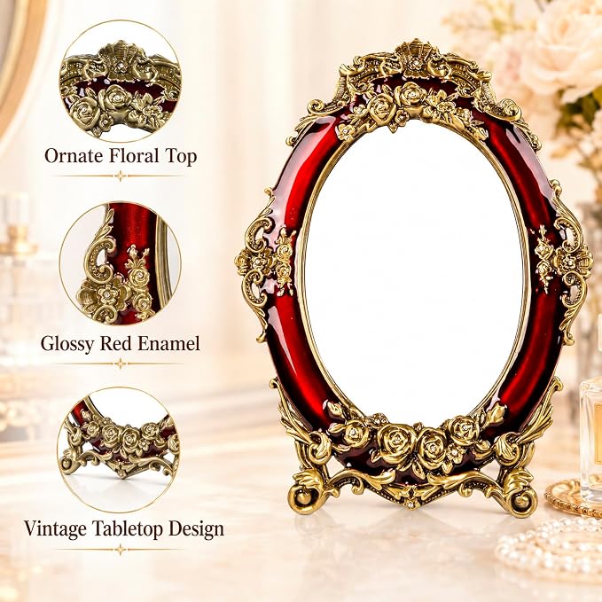 Vintage Vanity Makeup Mirror for Desk - Antique Small Table Decor, Red | Art Nouveau Decorative with Stand, Frame for Tabletop Office Bedroom Furniture Room Bathroom Home Wall Dresser Accessories