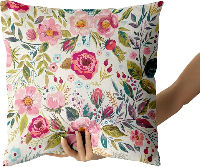 Spring Summer Flower Throw Pillow Covers 24x24 Inch Watercolor Peony Pillowcase Hot Pink Floral with Green Leaves Girly Decorative Square Cotton Cushion Cover Set of 2 for Home Garden Outdoor Bed