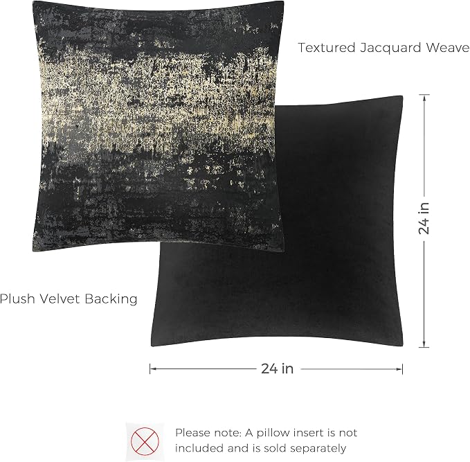 THE-TINOART Black Champagne Metallic Jacquard Throw Pillow Cover 24x24 Velvet Back Modern Glam Sofa Decor