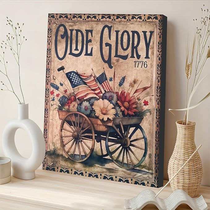 Framed Olde Glory 1776 American Flag Wall Art, Patriotic Vintage Canvas Art Pictures, USA Flag Flower Wall Decor, Made in USA Ready to Hang for Living Room Entryway