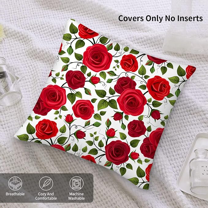 Red Rose Throw Pillow Covers 18"x18" Set of 2, Red Decorative Pillow Cases for Couch Sofa Chair Office Living Room Bedroom Decor Outdoor Pillowcase