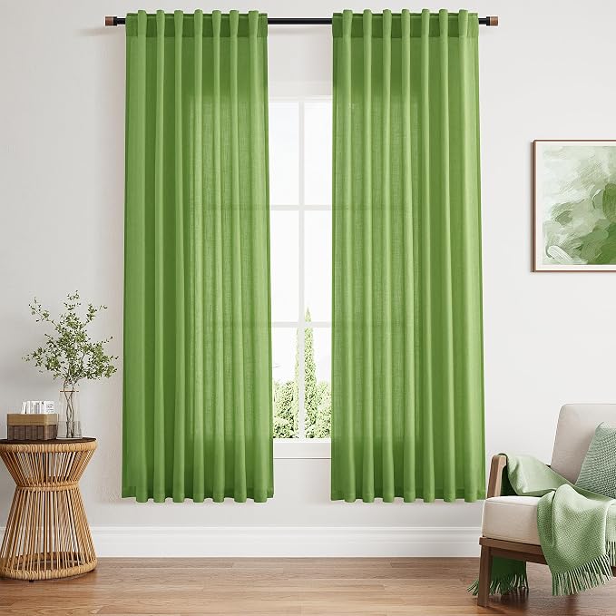 Lime Green Linen Curtains 72 Inch Long for Living Room Bedroom Lightweight Door Drapes 2 Panels Set, Semi Sheer Light Filtering Back Tab or Rod Pocket Curtain,52x72
