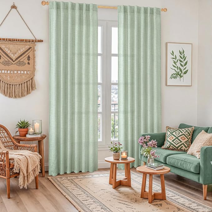 YoungsTex Sage Green Linen Curtains 80 Inch Length for Living Room, Semi Sheer Drapes Light Filtering with Back Tab Rod Pocket for Bedroom Spring Window Treatments, 52 X 80 Inch, 2 Panels