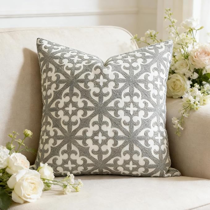 Slow Cow Embroidery Decorative Throw Pillow Cover Grey Kaleidoscope Design Pattern Cushion Cover 18 x 18 Inches
