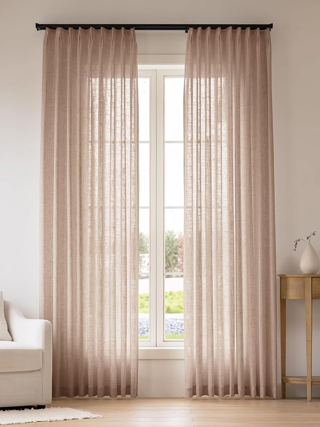 Pinch Pleated Linen Curtains 84 Inch Length 2 Panels, Light Filtering Linen Blend Drapes 40" W x 84" L, Natural Tapioca Neutral Curtains for Living Room Bedroom with Hooks