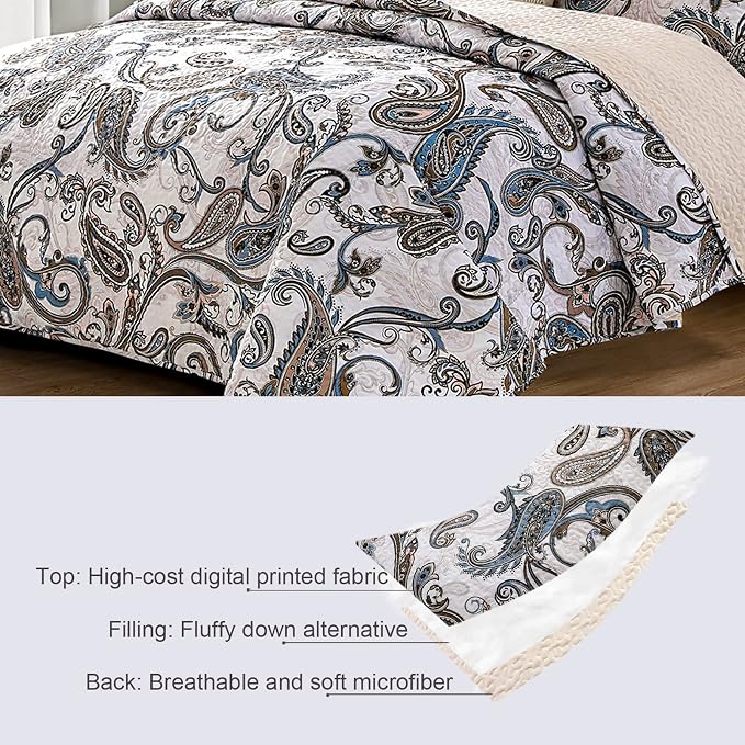 Whale Flotilla Patchwork Quilts Queen Size, Soft Boho Paisley Bedspreads | Reversible Lightweight Full Queen Quilt Bedding Set for Bed, Bone Grey Printed Coverlets with 2 Pillow Shams for All Seasons
