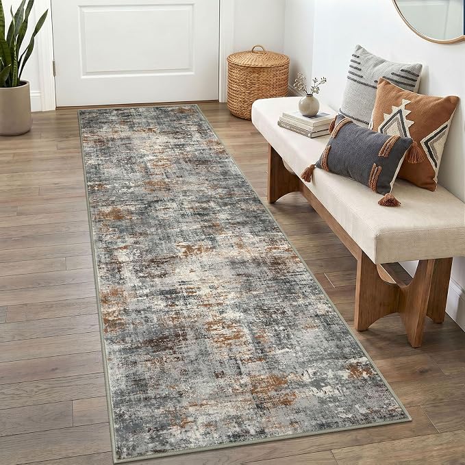 Lansny Abstract Washable 2x6 Hallway Runner Rug Non Slip Kitchen Runner | Grey/Multi;Thin Printed Faux Wool Rug Runners;Entryway Runner Indoor;Rubber Backed 6ft Carpet Runners for Hall;Bedroom Runner