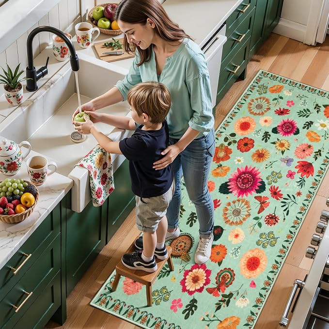 Ciicool 2x6 Runner Rug Non Slip，Floral Washable Kitchen Rugs for Hallways | Entryway Rug for Laundry Bedroom Bathroom Bedside,Boho Soft Low Pile Carpet Indoor Floor Mat Decor