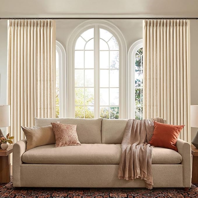 Pinch Pleated Linen Blend Sheer Curtains Light Filtering for Living Room | Semi Sheer, Pinch Pleat, with Hook Rings, Non See Through, Memory Shape, Cottage Core, 2 Panels, Sand Beige, W40xL96