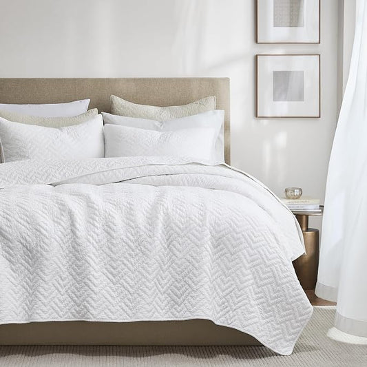 palassio White 100% Cotton Quilt Queen Size Bedding Sets with 2 Pillow Shams, Lightweight Textured Farmhouse Country Bedspread Soft Shabby Chic Patterned Coverlet for All Season, 3 Pieces