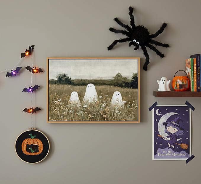 Framed-Halloween Ghost Canvas Wall Art-12x16in | Vintage Wildflowers Cute Ghost Picture Poster Print.Halloween Wall Decor for Bedroom Living Room Bathroom