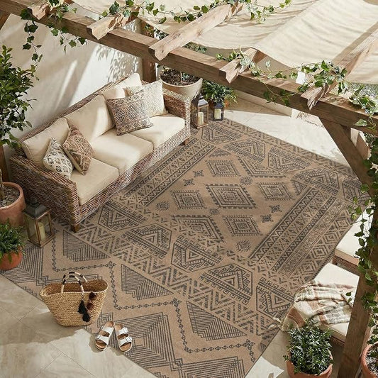 jinchan 8x10 Faux Jute Area Rug Washable Boho Living Room Rug, Charcoal | Southwestern Geometric, Non-Slip, Low Pile, Indoor Outdoor, Natural Fiber Look, Dining Room, Deck, Backyard, Bedroom, Patio