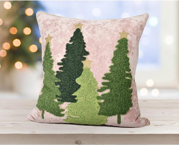 Christmas Tree Pillow Covers 18x18, Embroidered Velvet Christmas Throw Pillow Covers Christmas Decorations Holiday Pillows for Home Couch,Pink Blush/Green
