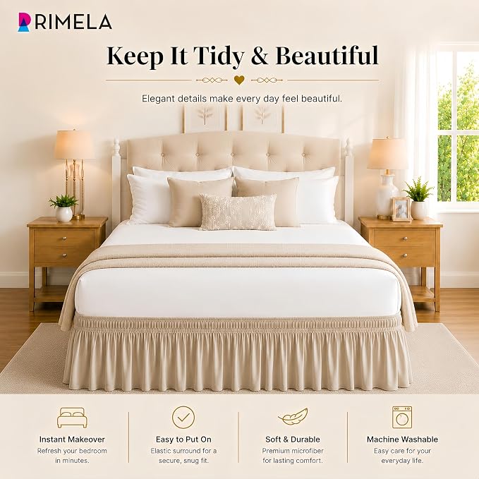 Light Camel Bed Skirt King Size 15" Drop, Elastic Wrap Around Bedskirt | Solid Ruffled, Easy to Use, No Mattress Lifting, Wrinkle & Fade Resistant, with Adhesive Strips, Machine Wash/Dry/Iron