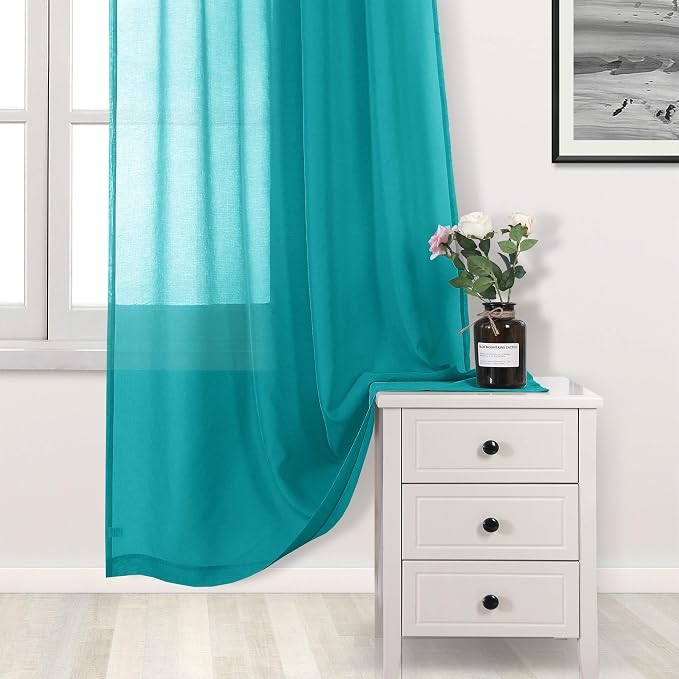 DWCN Turquoise Faux Linen Sheer Curtains - Grommet Voile Window Curtain Drapes for Bedroom Living Room 52 x 90 inches Long, Set of 2
