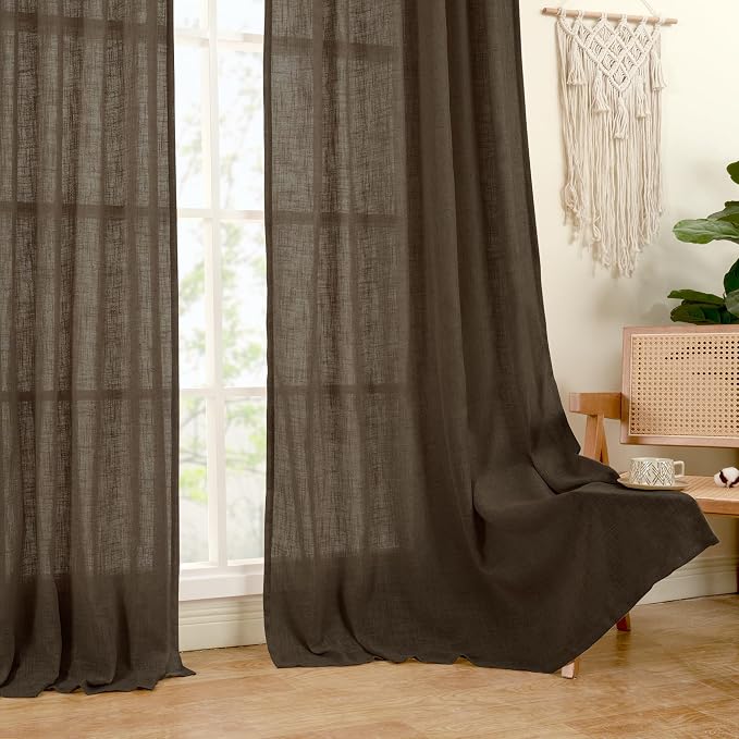 Dark Brown Linen Curtains, Light Filtering Panels, 52 x 96 Inch | Semi Sheer Panels, Rod Pocket Back Tab, Floor to Ceiling Curtains for Bedroom, Living Room, Sliding Glass Door, 2 Panels