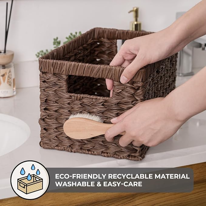 GRANNY SAYS Wicker Storage Baskets for Shelves, Brown Wicker Baskets,2-Pack | Waterproof Large Wicker Baskets for Organizing, Woven Basket for Pantry, Rectangle Basket for Shelf,Woven Baskets for Storage
