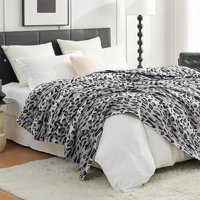 Cozy Bliss Leopard Print Fuzzy Throw Blanket for Bed & Couch, Thick Soft Warm Fleece Blankets for Room Decor, for Girls Kids Women Men, Snow Leopard, Grey 100"*120"