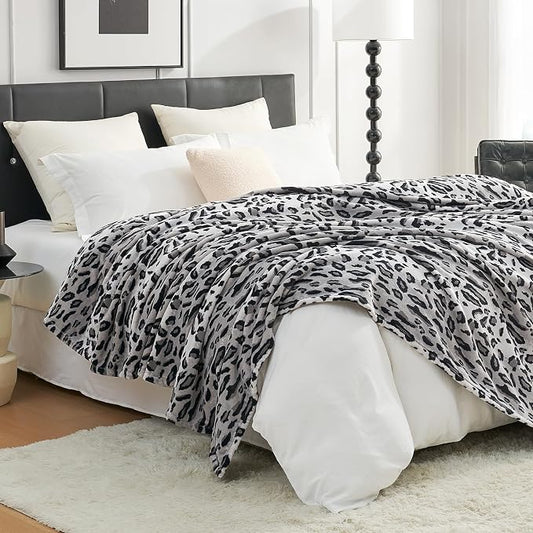 Cozy Bliss Leopard Print Fuzzy Throw Blanket for Bed & Couch, Thick Soft Warm Fleece Blankets for Room Decor, for Girls Kids Women Men, Snow Leopard, Grey 100"*120"