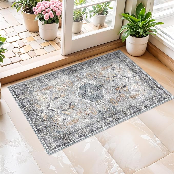 Washable Entryway Area Rug 2x3 - Small Doormat Vintage Distressed Rugs Oriental Non-Slip Stain Resistant Carpet Soft Thin Non-Shedding Indoor Floor Mat for Bedroom Bathroom Kitchen (Grey/Blue,2x3)