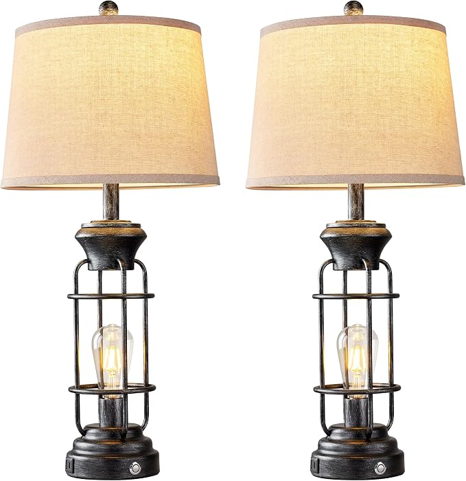 Reaketon 28" Table Lamp for Living Room with USB Charging Ports, Tall Table Lamp Set of 2,3-Way Dimmable Lamps for Bedroom, Bedside Lamp for End Tables, Industrial Nighstand Lamps,Bulbs Included