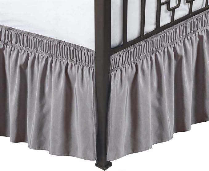 Wrap Around Queen Size Bed Skirt Split Corner 12" Drop-Elastic Dust Ruffle | Silver Grey Adjustable Pleated Bedskirt-Easy Fit Wrinkle Resistant Washable Bed Skirting-Master Guest Bedroom Rental Hotels