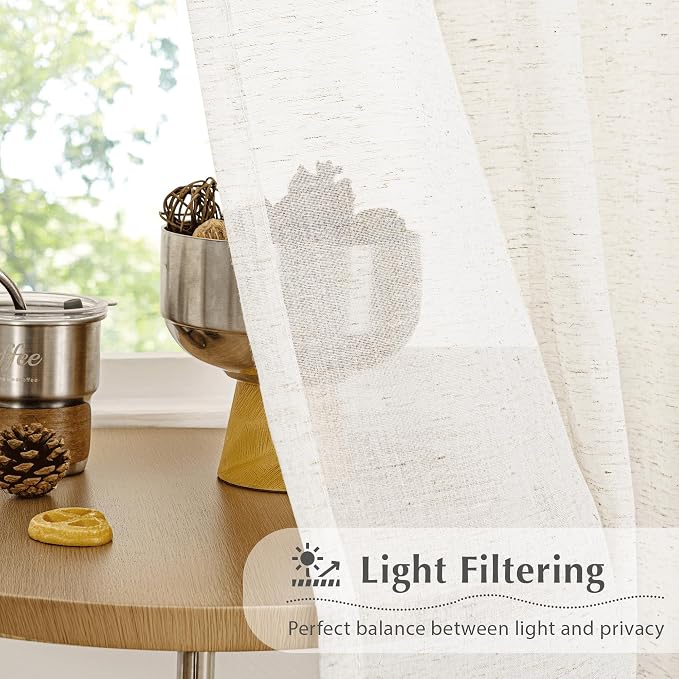 FMFUNCTEX Beige Linen Pinch Pleated Sheer Curtains, 96 Inches, 2 Panels | Natural Semi Sheer Drapes, Flax Linen, Rod Pocket, Light Filtering, Farmhouse French, Kitchen, Privacy, for Living Room