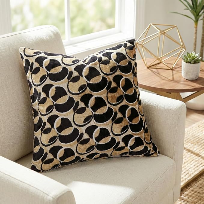 Tache Velvet Throw Pillow Cover - 1 Piece 18 X 18 Inch Square Black Beige Brown Modern Geometric Decorative Velvety Eternal Eclipse Soft Cushion Case