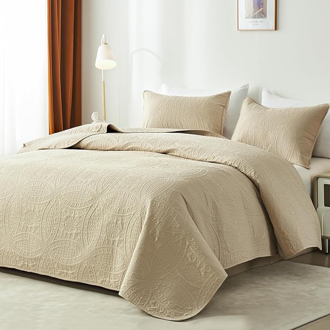 akkialla Twin Quilt Bedding Set,Beige Ultrasonic Quilt Set,Lightweight Soft Bedspread Coverlet,Modern Style Coin Pattern Bed Cover for All Seasons,2 Piece(1 Quilt,1 Pillow Sham)