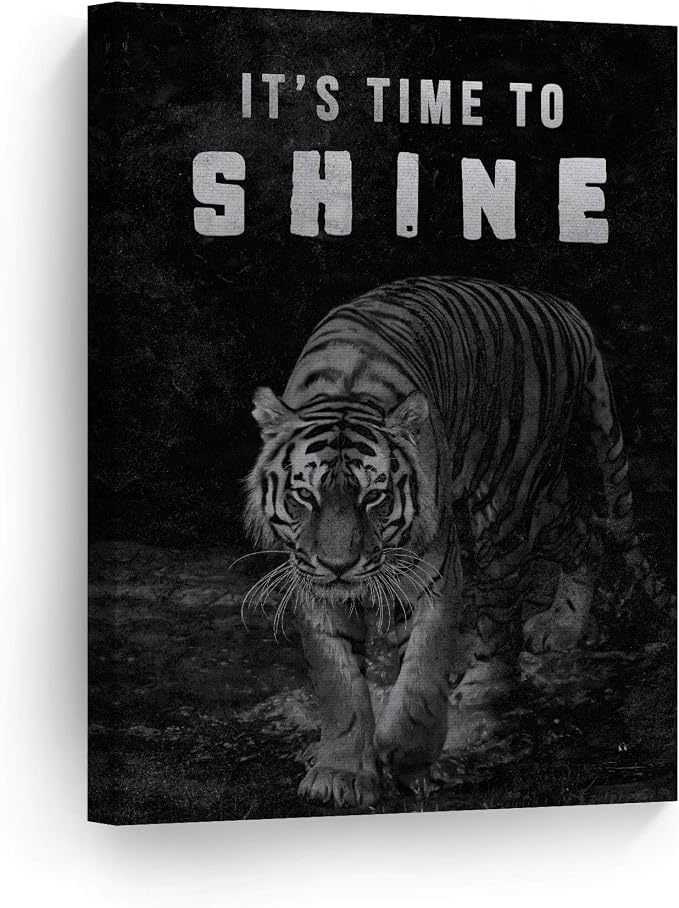 Smile Art Design It's Time to Shine Black and White Tiger Motivational Wall Art Canvas Print Inspirational Wall Art Entrepreneur Quote Modern Office Living Room Decor Gift Ready to Hang 28x19