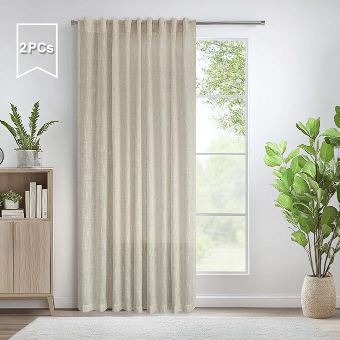 Pitalk Flax Linen Curtains 80 Inches Long for Living Room Semi Sheer Linen Large Drape Extra Wide Beige Light Filtering Curtains for Sliding Patio French Door 2 Panels Back Tab 60x80 Length 5 FT Wide