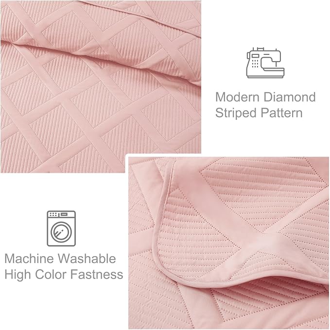 Exclusivo Mezcla California King Size Quilt, Blush Pink | Soft Bedspreads with 2 Pillow Shams, Modern Striped Pattern, Lightweight Bedding Set Coverlets for All Seasons, 112x104 Inch