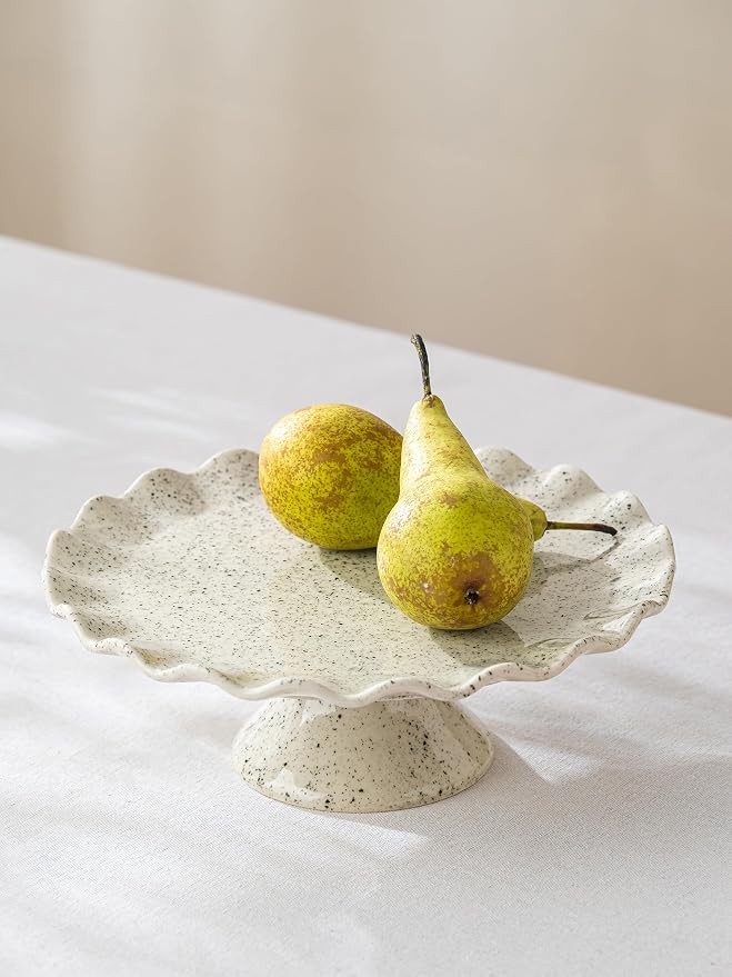 Ceramic Cake Stand, Small Cake Plate for 8 Inch Cake, Speckled White | Vintage Cake Pedestal Stand with Ruffle Trim for Bitrhday, Wedding, Cupcake Stand for Dessert Table Display