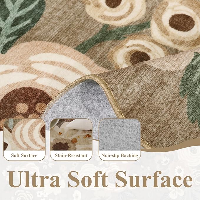 DUKINO 2x12 Washable Runner Rug, Long Runner Rug for Hallway, Light Taupe | Non Slip, Low Pile, Soft Floral Throw Rug Runner for Kitchen, Entryway, Bedroom, Bathroom, Pet Friendly, Modern Home Decor