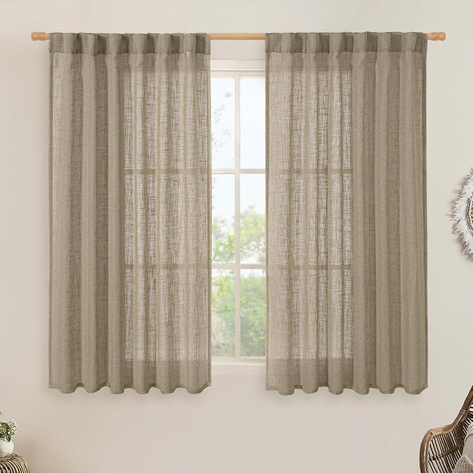 Taupe Linen Curtains 54 Inch Length for Bedroom, 52 x 54 Inch | Light Filtering Panels, Semi Sheer, Rod Pocket Back Tab, Country Decor Drapes for Bathroom, Window, Living Room, 2 Panels