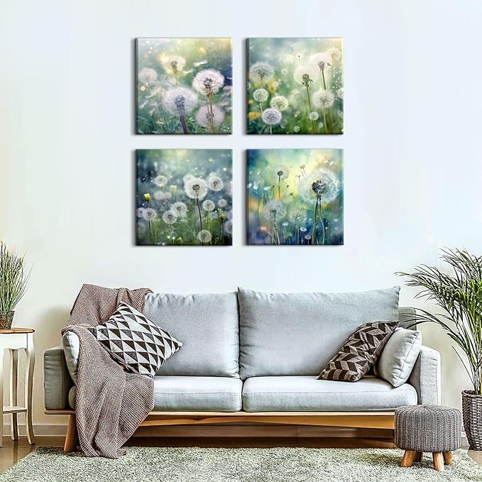 Dandelion Canvas Wall Art Nature Floral Artworks for Living Room Bathroom Decorations White Dandelion Pictures Flower Canvas Prints Framed Painting Bedroom Bathroom Wall Decor Ready To Hang 24x24"4Pcs