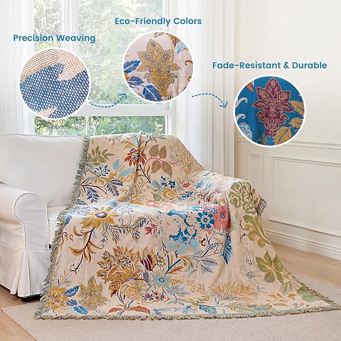 MSGKV Boho Throw Blanket 50"x60" 100% Cotton Throw for Couch Sofa Bed | 100% Cotton Throw, Reversible Woven, Breathable Lightweight, Couch Sofa Bed Decor, Decorative Accent, Machine Washable