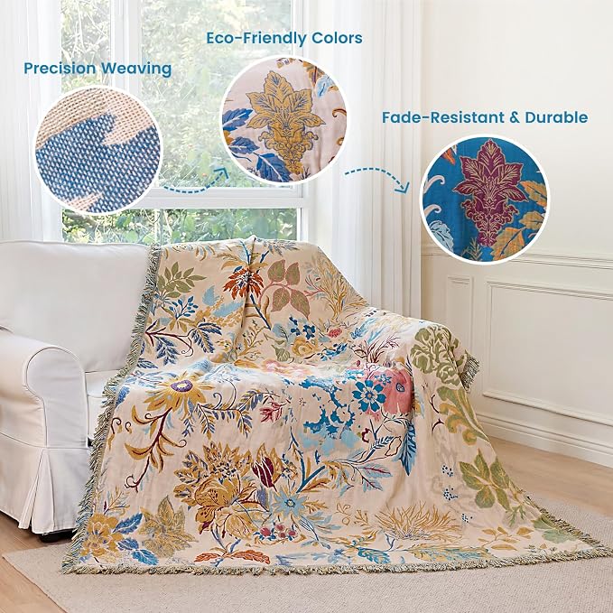 MSGKV Boho Throw Blanket 60"x80" 100% Cotton Floral Muslin Twin Blanket | 100% Cotton Throw, Twin Size Blanket, Reversible Woven, Summer Breathable, Farmhouse Decor, All Seasons, Machine Washable
