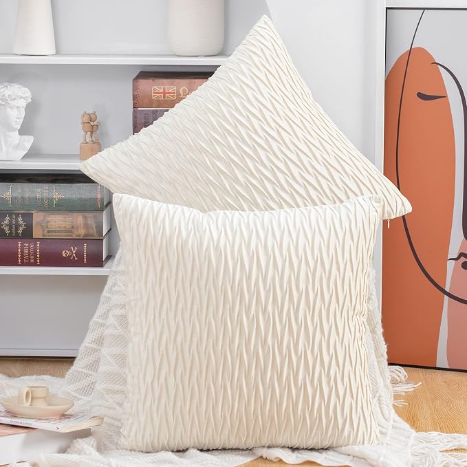 MADIZZ Set of 2 Super Soft Velvet Decorative Throw Pillow Covers 24x24 inch White Square with Texture Luxury Style Cushion Case European Pillow Shell for Sofa Bedroom
